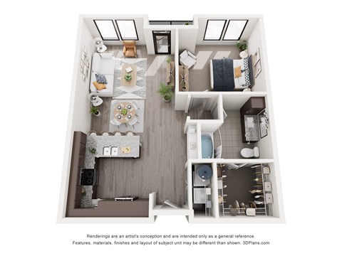 A 3D floor plan of a small apartment with a kitchen, living room, and bedrooms.